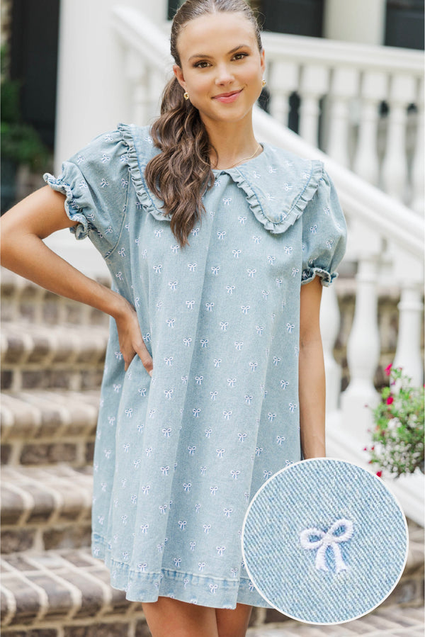 Blue Jean Beauty Denim Bow Embroidered Dress