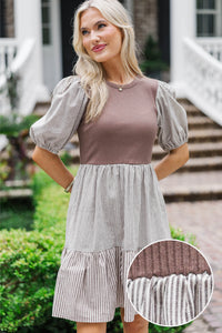 Muted Moments Mocha Striped Midi Dress