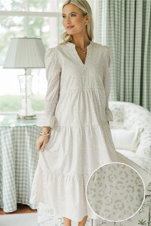 NURSING COLLECTION: What A Surprise Cream Leopard Print Midi Dress