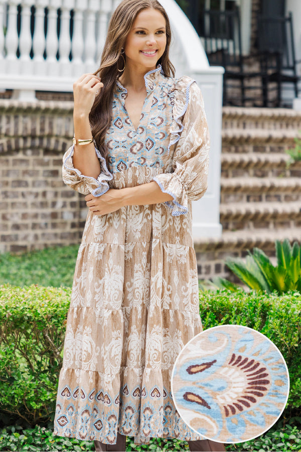 Don't Be Shy Taupe Floral Medallion Dress
