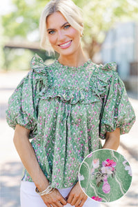 Say Less Green Medallion Ruffled Blouse