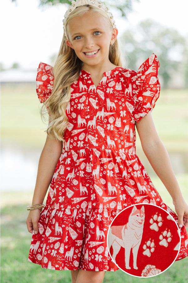 Girls: At This Time Red Husky Print Dress