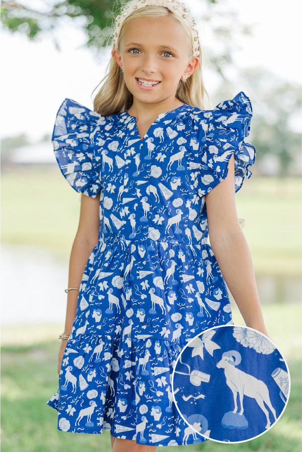 Girls: At This Time Navy Rams Print Dress