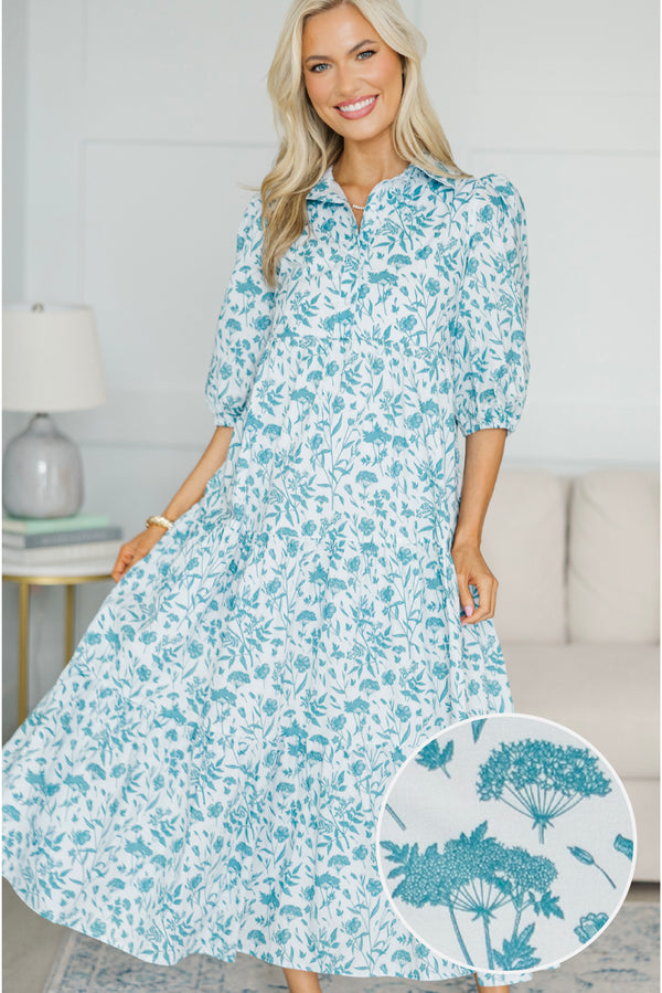 NURSING COLLECTION: Love Found Teal Blue Toile Tiered Midi Dress