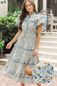 In The Air Brown Ditsy Floral Scalloped Midi Dress