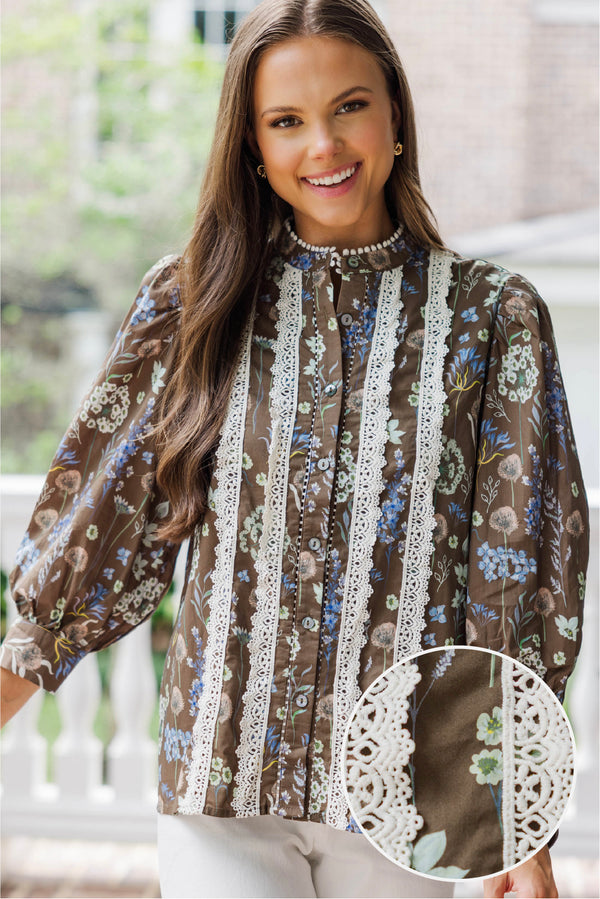 Sweet Pea Brown Ditsy Floral Blouse