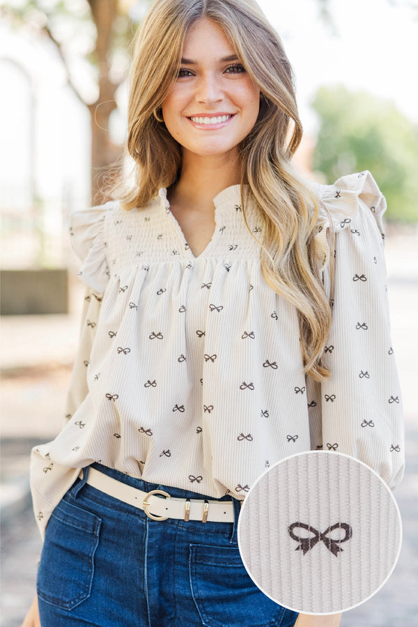 Are You Ready Oatmeal Bow Print Blouse