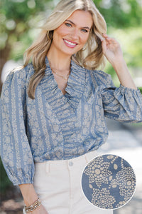 Picked Just For You Dusty Blue Ditsy Floral Blouse