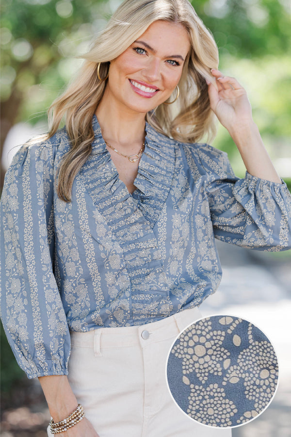 Picked Just For You Dusty Blue Ditsy Floral Blouse