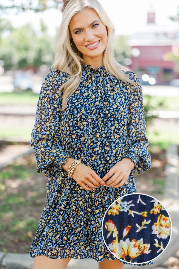 Still With You Navy Ditsy Floral Chiffon Dress