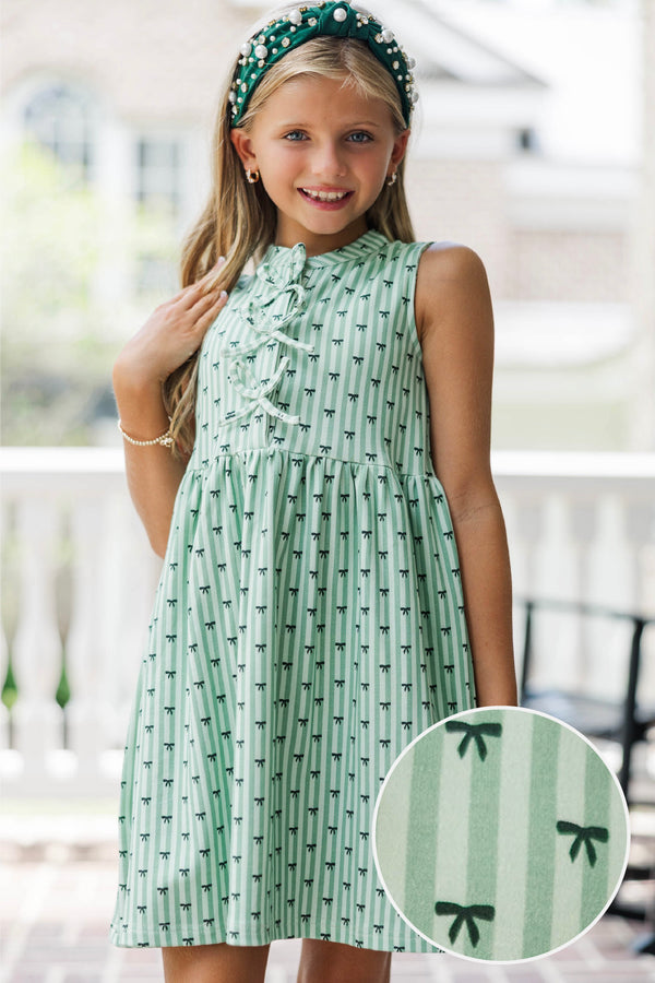 Girls: Threaded With Charm Green Bow Print Dress