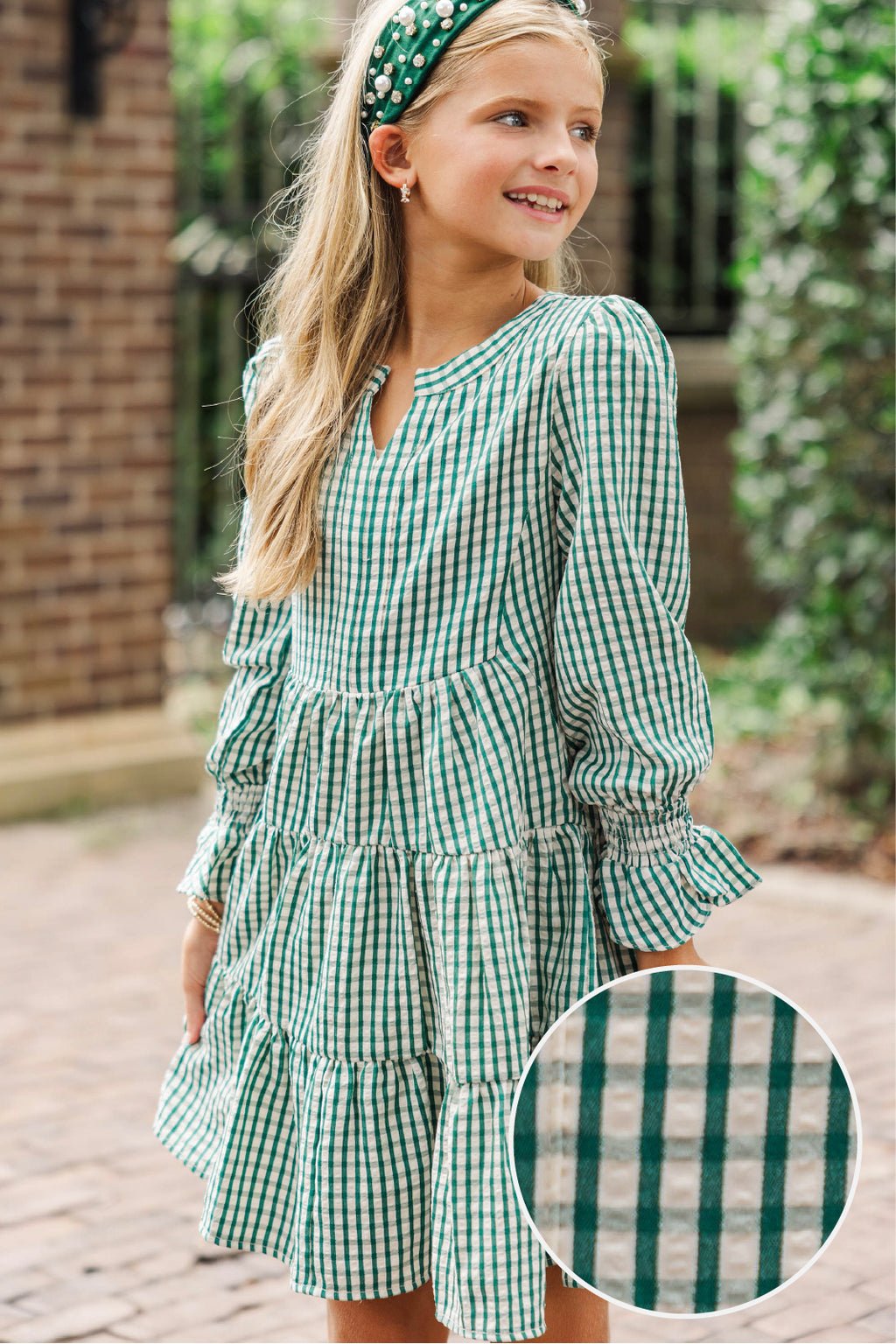 green gingham dress Girls: In Your Happy Place Emerald Green Gingham Dress