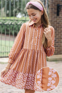 Girls: Back Porch Breezes Orange Floral Striped Collared Dress