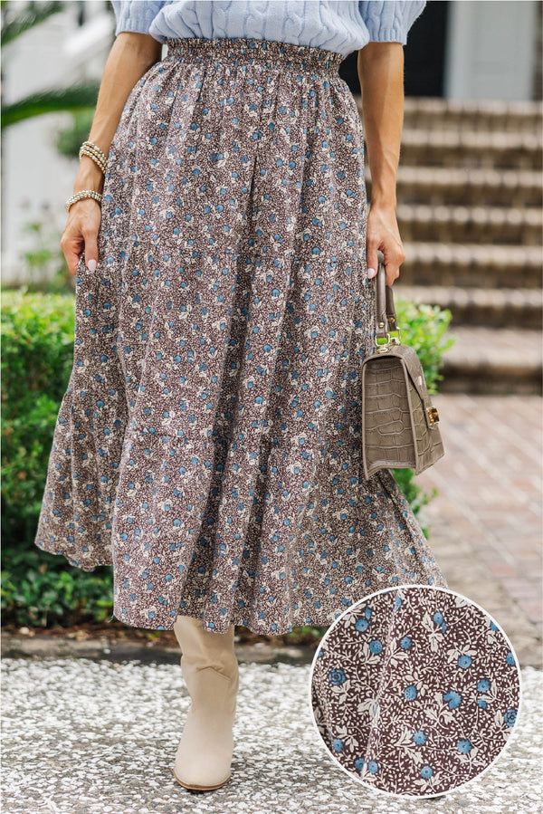 Just One Chance Brown Floral Midi Skirt