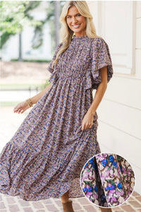 jenani rosette ruffle midi dress in light plum Light Plum Rosette Ruffle Midi Dress