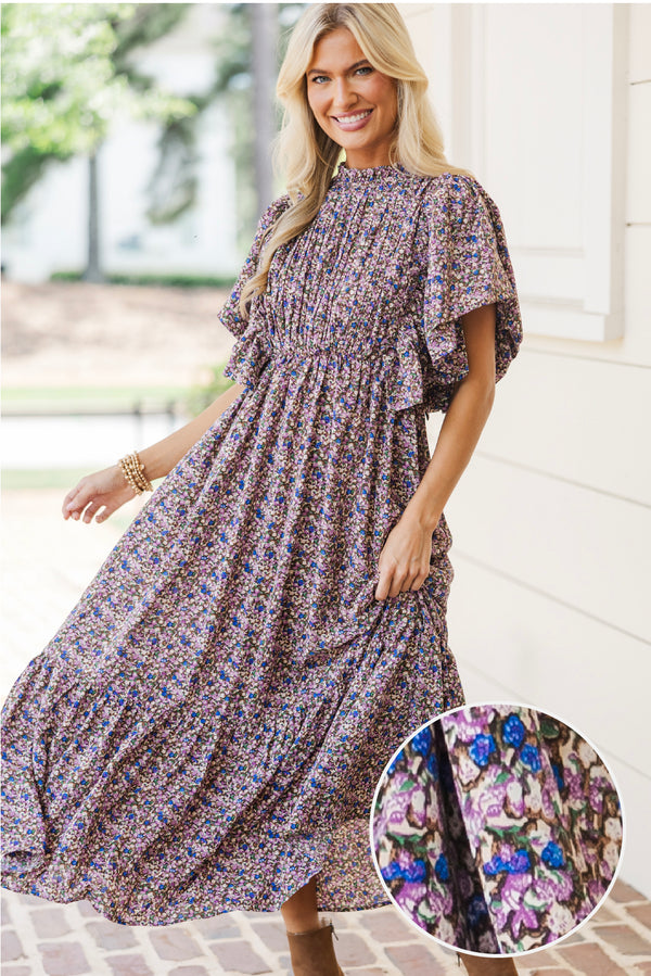 All The Good Plum Ditsy Floral Ruffled Midi Dress
