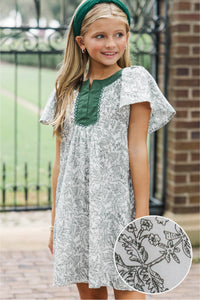 Girls: Evergreen Moments Olive Toile Babydoll Dress