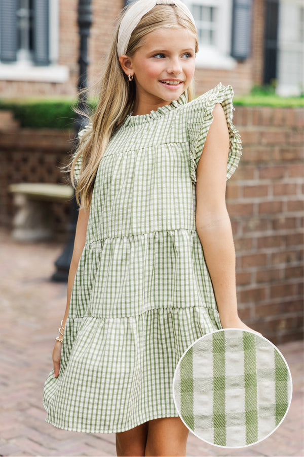 Girls: Evergreen Moments Olive Green Gingham Babydoll Dress