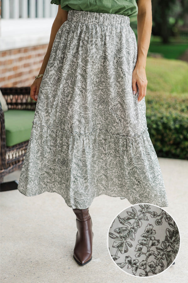 Evergreen Moments Olive Toile Midi Skirt