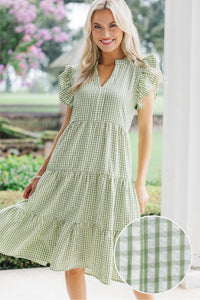 Evergreen Moments Olive Gingham Midi Dress