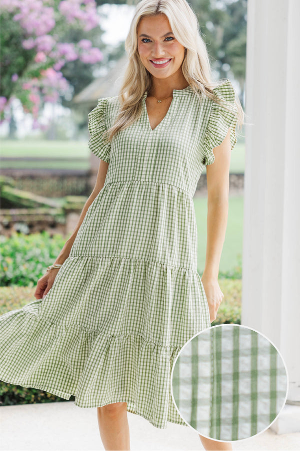 Evergreen Moments Olive Gingham Midi Dress