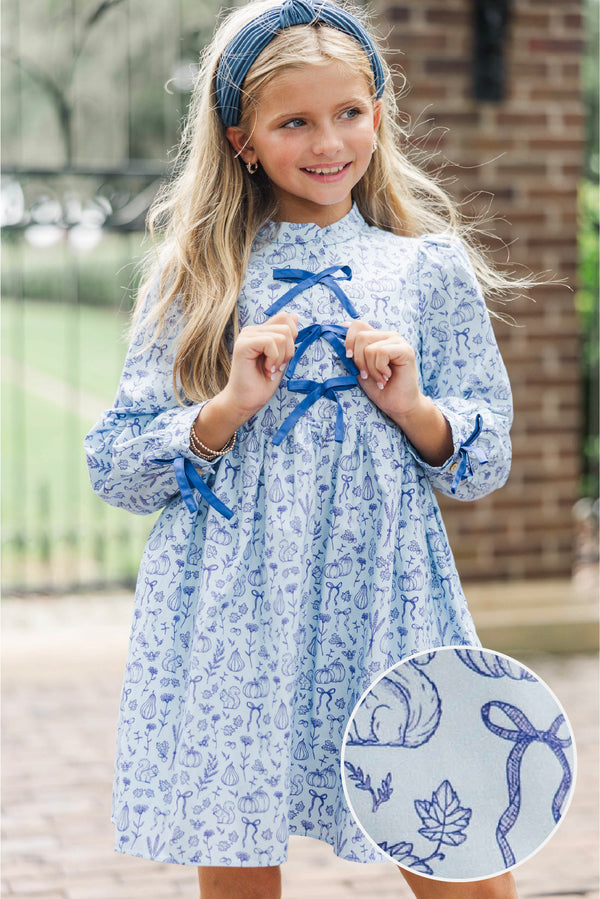 Girls: The Baileigh Denim Blue Harvest Toile Dress