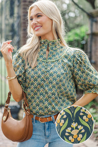 Keep It Up Green Medallion Ruffled Blouse