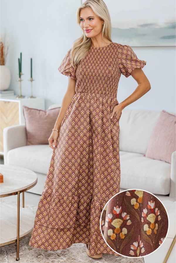 NURSING COLLECTION: Make The Right Choice Brown Medallion Maxi Dress