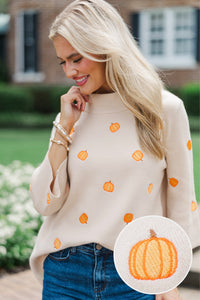 Fall Feels Forever Taupe Embroidered Pumpkins Sweater