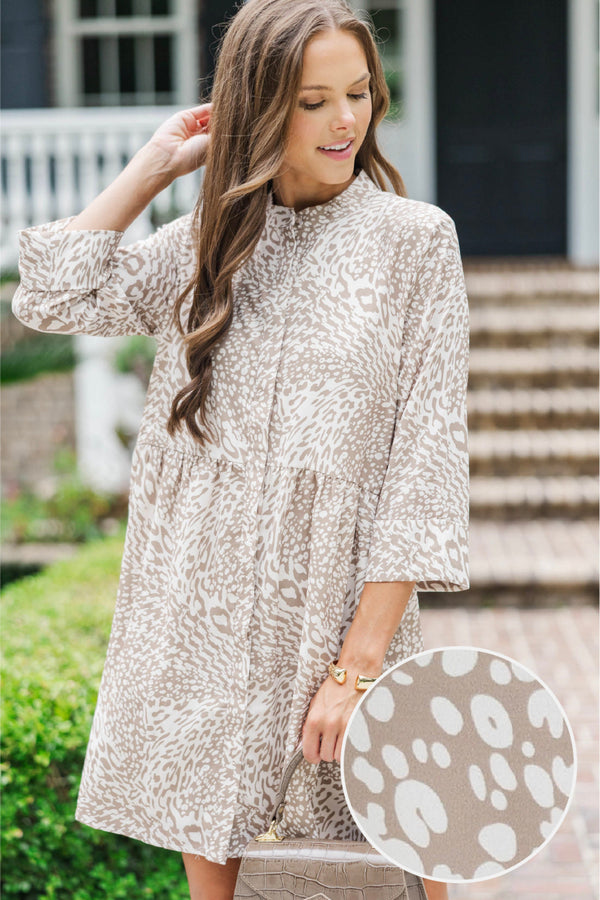 long shift dress Always The One Taupe Leopard Shift Dress, Medium - The Mint Julep Boutique