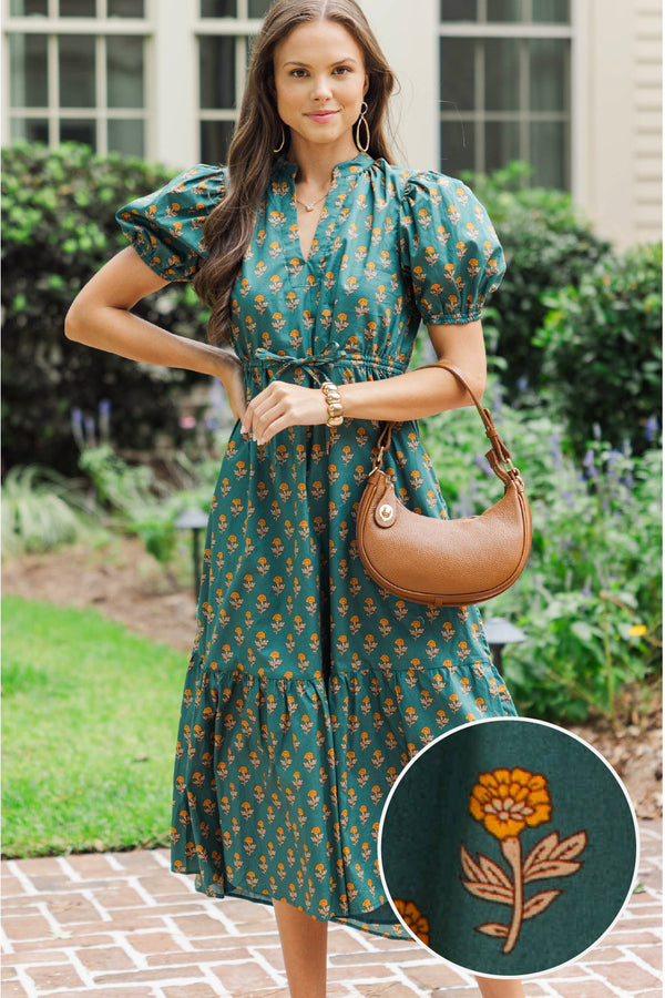 Anyone Can See Green Floral Midi Dress