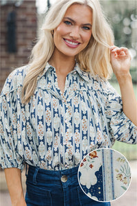 Better Than You Know Navy Medallion Puff Sleeve Blouse