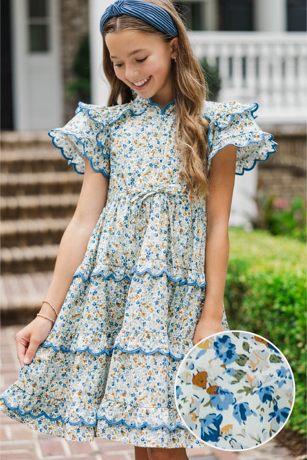 Girls: The Tatum Brown Floral Scalloped Midi Dress
