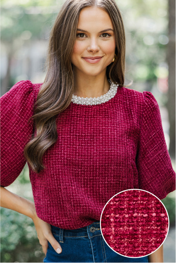 Calling On You Burgundy Red Tweed Blouse