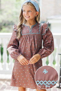 Girls: See It Through Brown Bow Print Babydoll Dress
