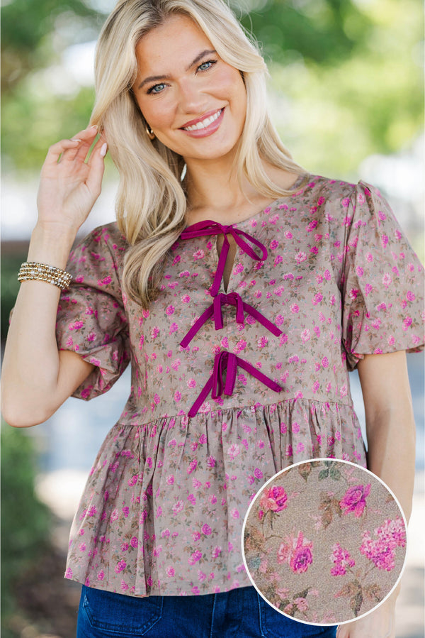 Stay In Your Sights Brown Ditsy Floral Babydoll Blouse