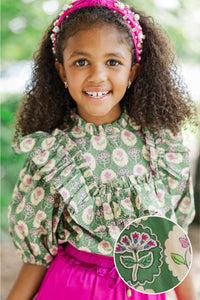 Girls: In A Dream Olive Green Medallion Ruffle Blouse