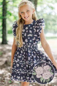 Girls: Wave Hello Navy Ditsy Floral Scalloped Dress