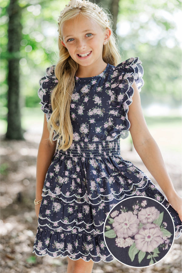 Girls: Wave Hello Navy Ditsy Floral Scalloped Dress