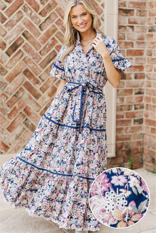 The Victorious Navy Floral Eyelet Maxi Dress
