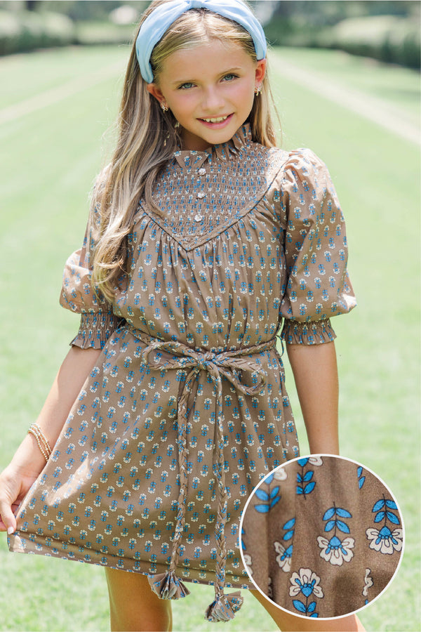 Girls: Braids And Blooms Brown Medallion Dress