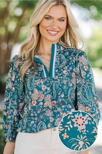 Playful With You Teal Floral Blouse