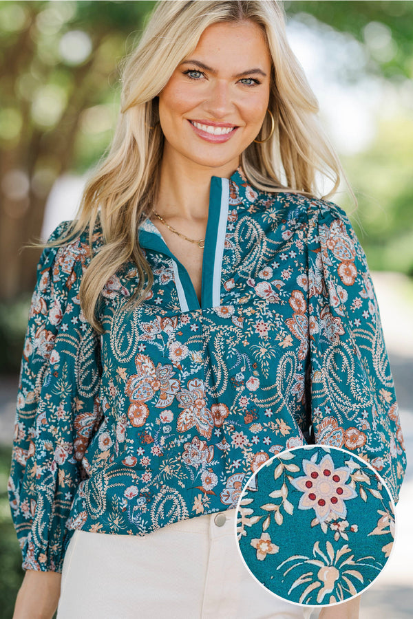 Playful With You Teal Floral Blouse