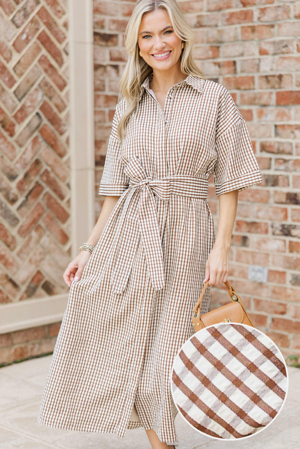 Time Spent Well Brown Gingham Midi Dress