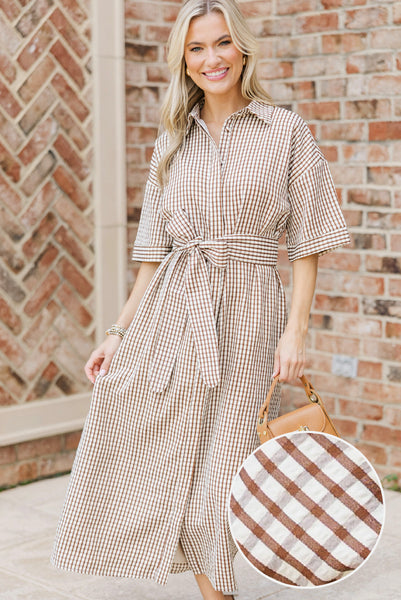 Time Spent Well Brown Gingham Midi Dress – Shop the Mint