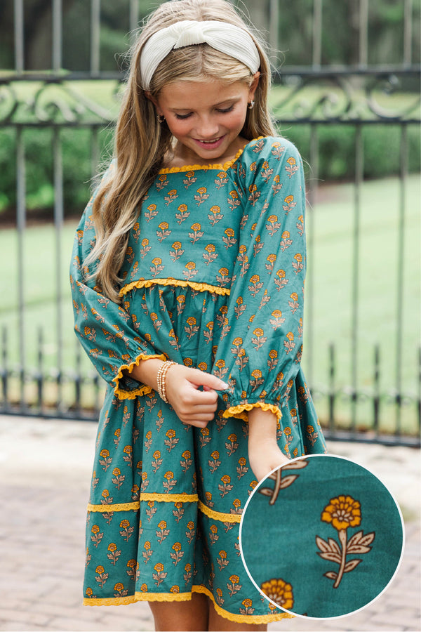 Girls: The Collins Teal Green Medallion Print Babydoll Dress