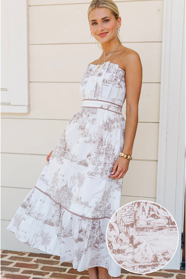 No Rush Darling Taupe Toile Midi Dress