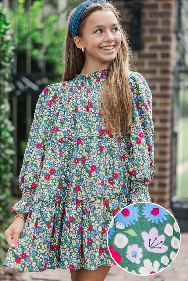 Girls: All About It Green Ditsy Floral Babydoll Dress