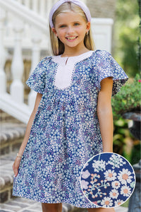 Girls: The Claire Navy Ditsy Floral Cotton Dress
