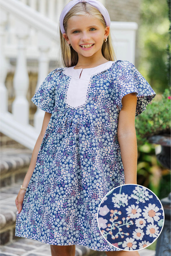 Girls: The Claire Navy Ditsy Floral Cotton Dress